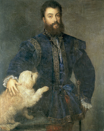 Museo del Prado, Madrid, Cuadro de Tiziano, donde aparece Don Alfonso y junto a él con majestuoso porte un Maltes